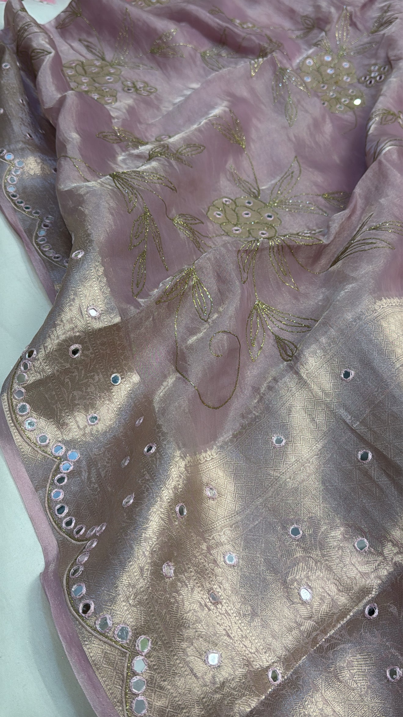 Blush pink husn tissue silk hand embroidered kadhwa saree